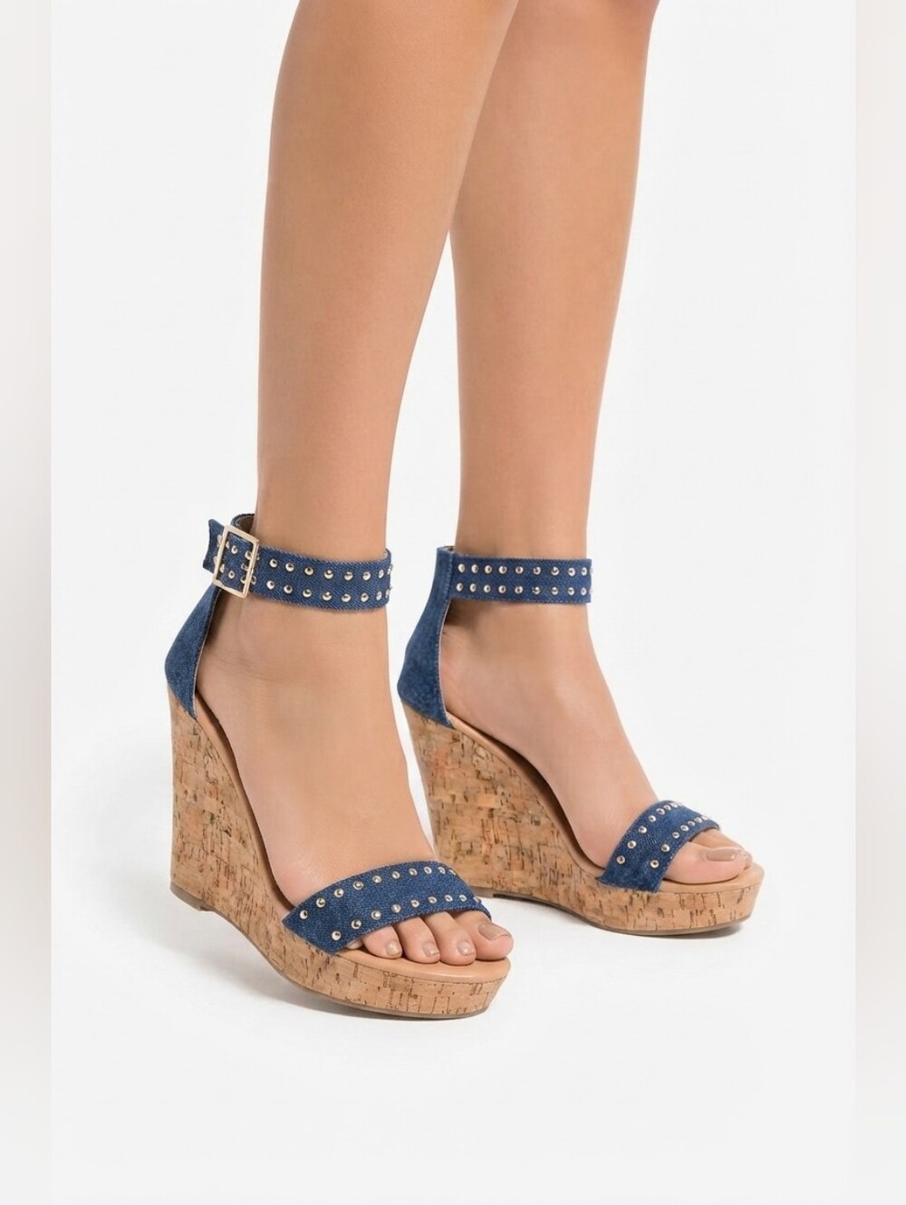 Blue Denim Studded Cork Wedge Sandals Size 6
